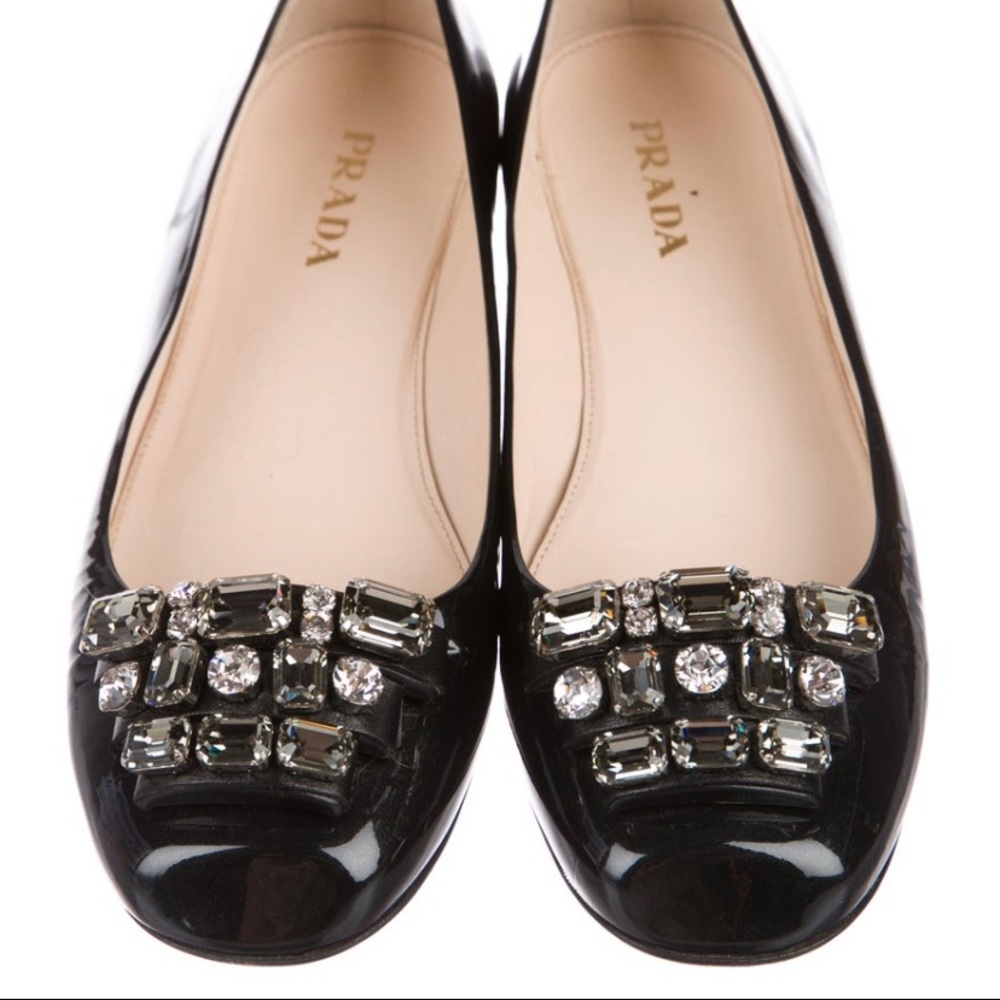 Prada crystal ballet flats & black patent leather. Authentic.